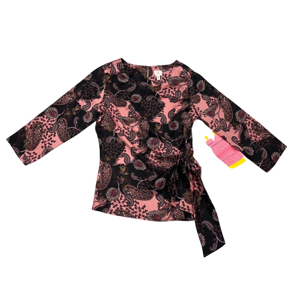 Dressbarn Petite Medium Pink Black Paisley Side Tie Wrap Blouse 3/4 Sleeve NEW